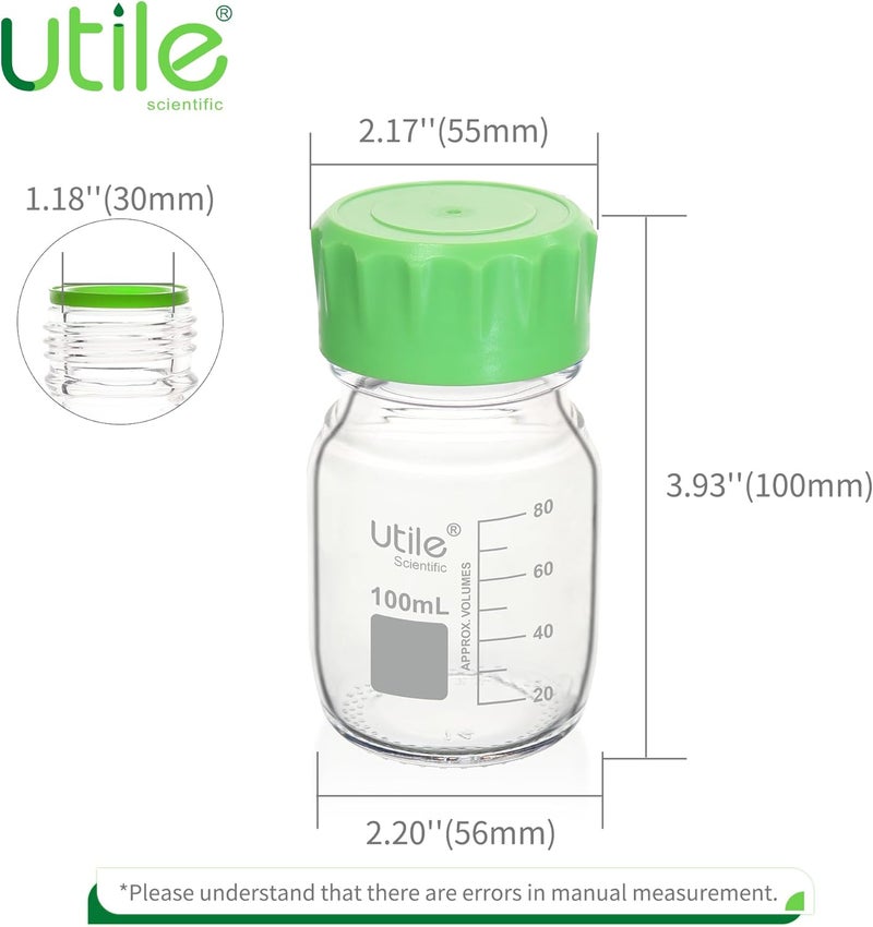 UTILE Media Bottle, 3.3 Borosilicate Glass Bottles with GL45 Screw Caps, 6pcs of 100ml(3.38oz) Lab Media Bottles, PP Material Media Storage Bottle, 4038.0100.6 - Image 2